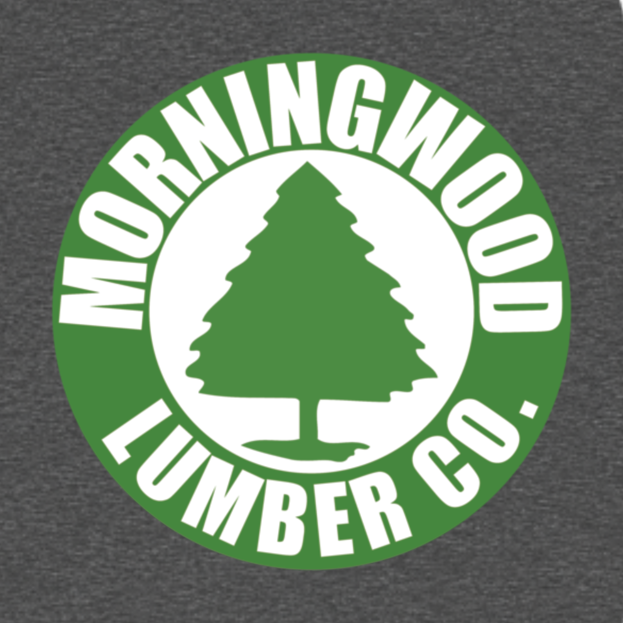 Morningwood Lumber Co. funny graphic T-shirt featuring a green circular lumber company emblem with a tree silhouette and bold white lettering - Charcoal