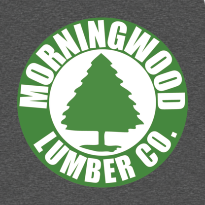 Morningwood Lumber Co. funny graphic T-shirt featuring a green circular lumber company emblem with a tree silhouette and bold white lettering - Charcoal