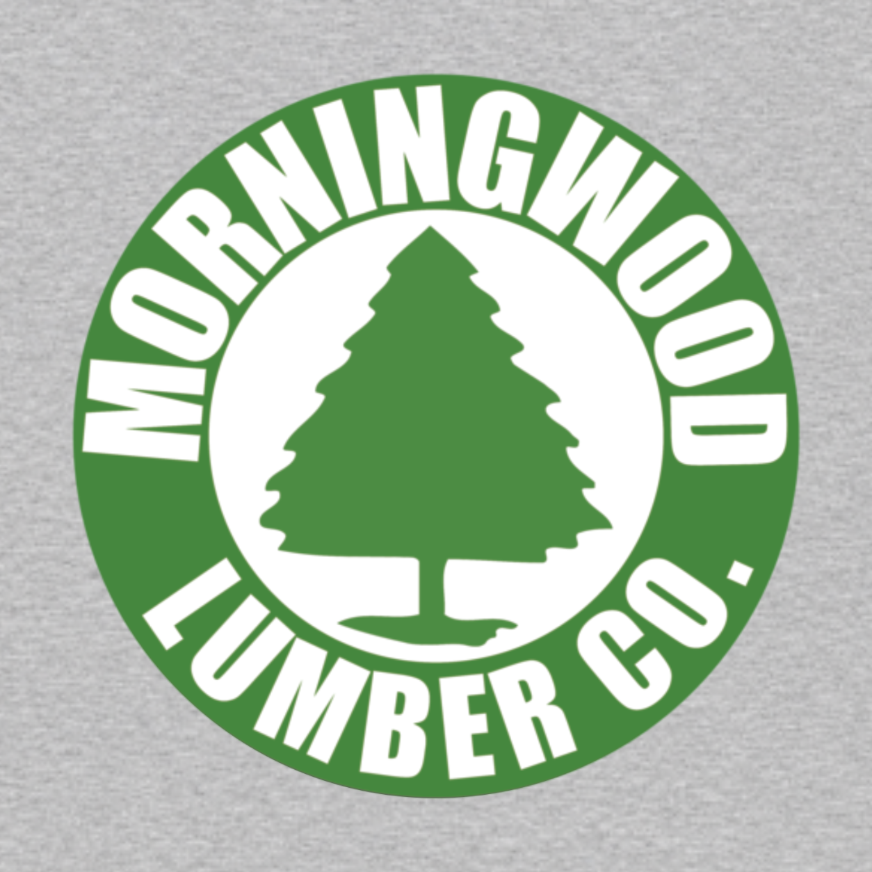 Morningwood Lumber Co. funny graphic T-shirt featuring a green circular lumber company emblem with a tree silhouette and bold white lettering - heather grey