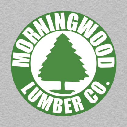 Morningwood Lumber Co. funny graphic T-shirt featuring a green circular lumber company emblem with a tree silhouette and bold white lettering - heather grey