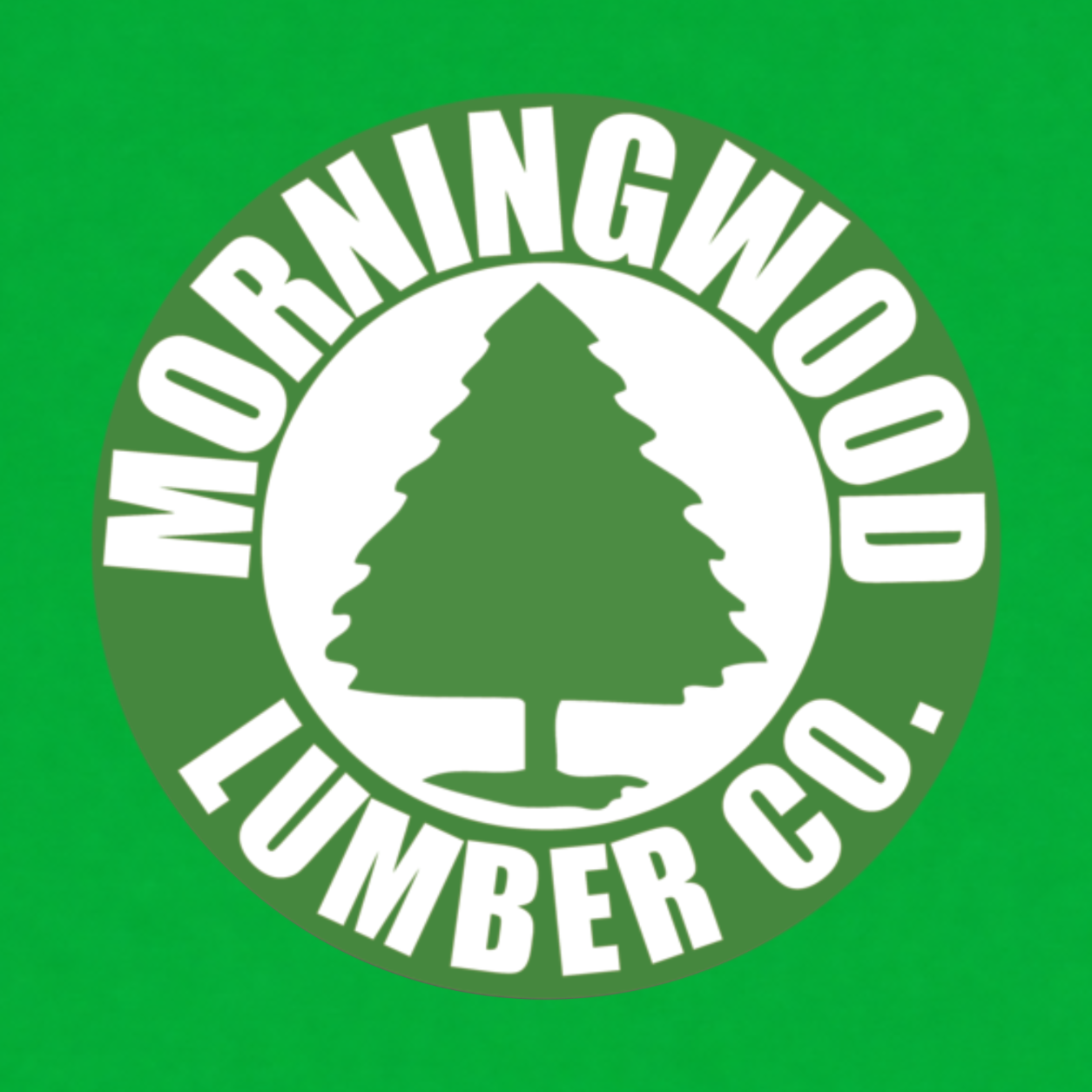 Morningwood Lumber Co. funny graphic T-shirt featuring a green circular lumber company emblem with a tree silhouette and bold white lettering - kelly green