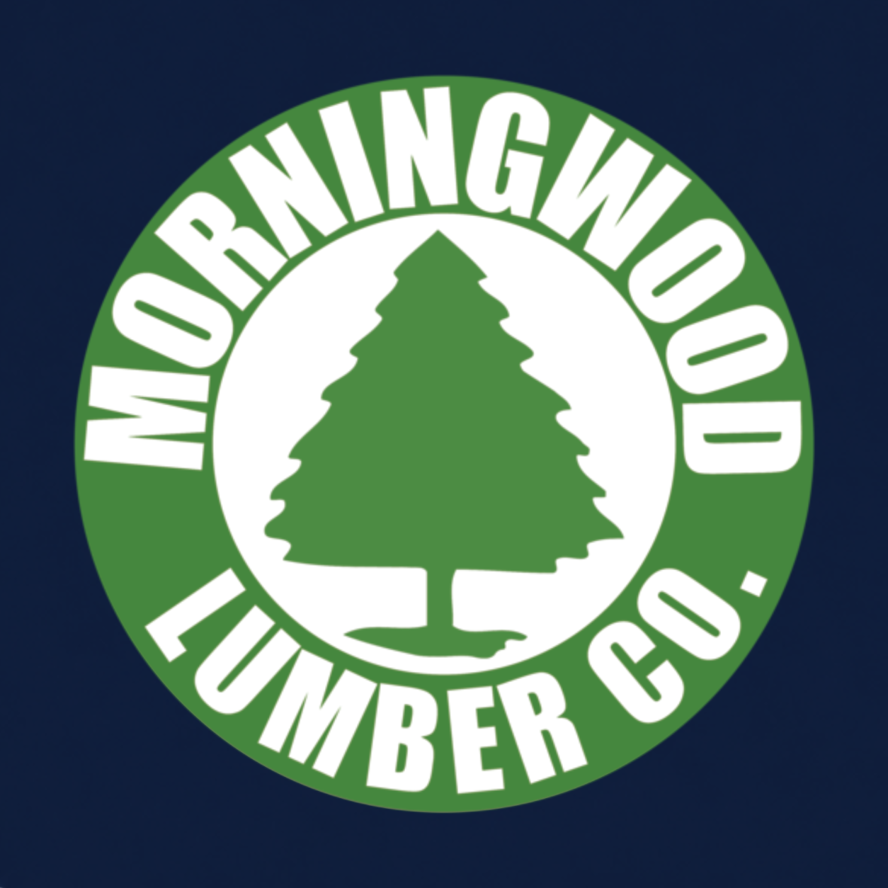 Morningwood Lumber Co. funny graphic T-shirt featuring a green circular lumber company emblem with a tree silhouette and bold white lettering - navy