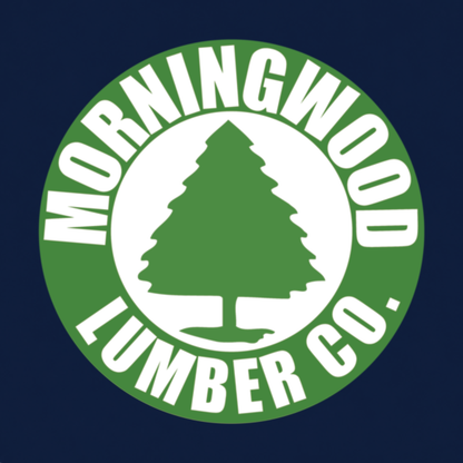 Morningwood Lumber Co. funny graphic T-shirt featuring a green circular lumber company emblem with a tree silhouette and bold white lettering - navy