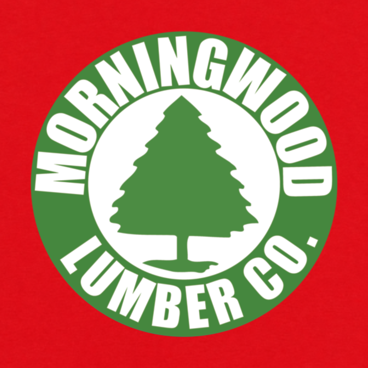 Morningwood Lumber Co. funny graphic T-shirt featuring a green circular lumber company emblem with a tree silhouette and bold white lettering - Red