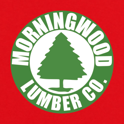 Morningwood Lumber Co. funny graphic T-shirt featuring a green circular lumber company emblem with a tree silhouette and bold white lettering - Red