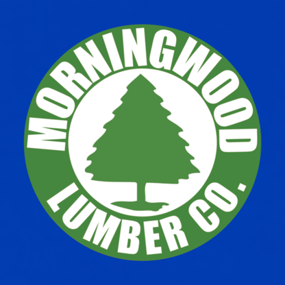 Morningwood Lumber Co. funny graphic T-shirt featuring a green circular lumber company emblem with a tree silhouette and bold white lettering - royal blue