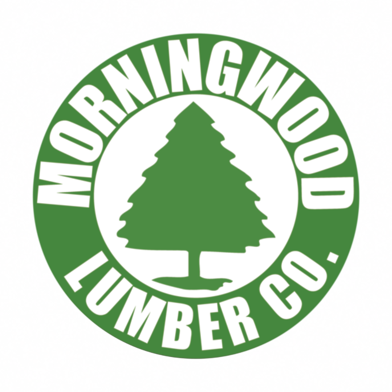 Morningwood Lumber Co. funny graphic T-shirt featuring a green circular lumber company emblem with a tree silhouette and bold white lettering - white