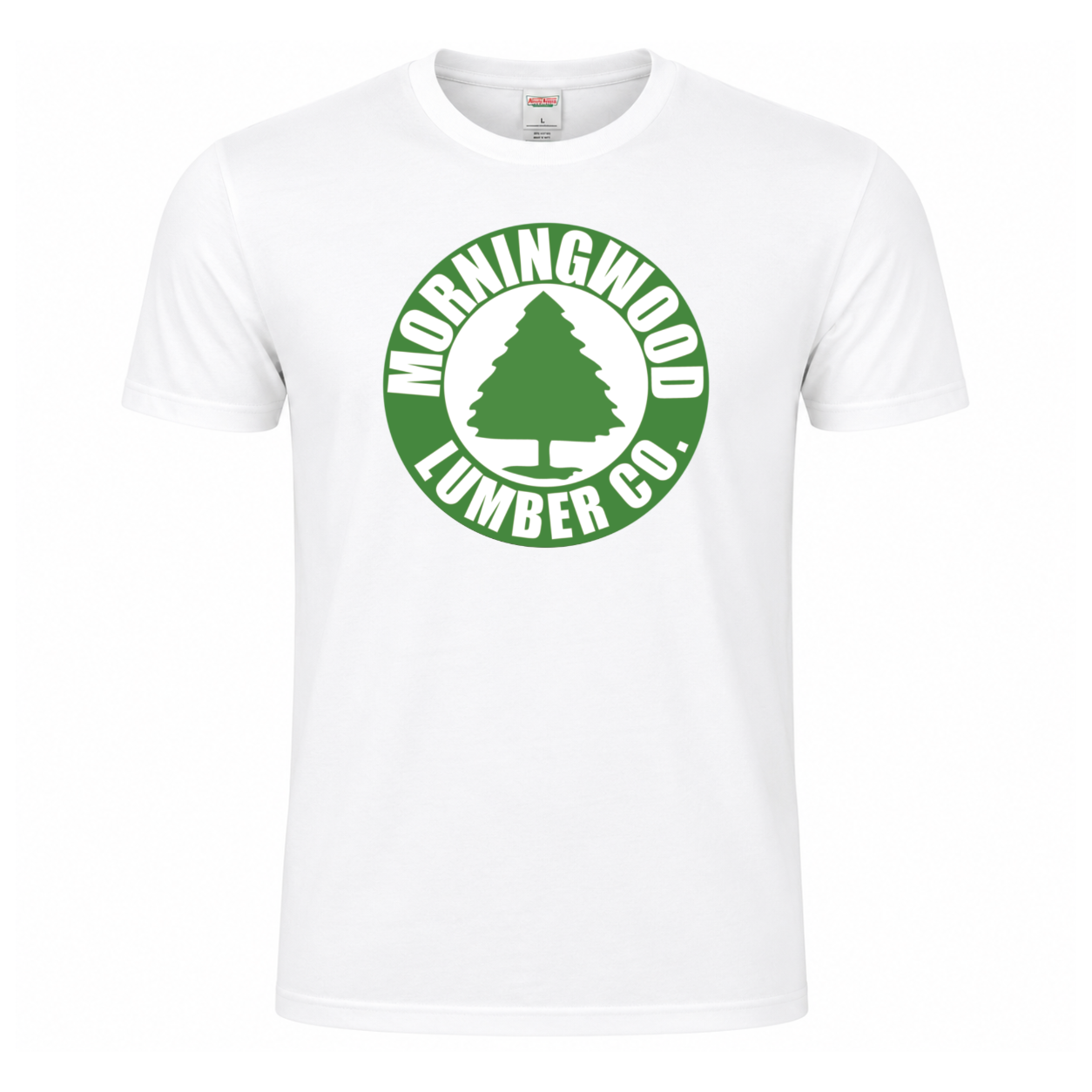 Morningwood Lumber Co. funny graphic T-shirt featuring a green circular lumber company emblem with a tree silhouette and bold white lettering - white tshirt