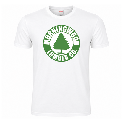 Morningwood Lumber Co. funny graphic T-shirt featuring a green circular lumber company emblem with a tree silhouette and bold white lettering - white tshirt