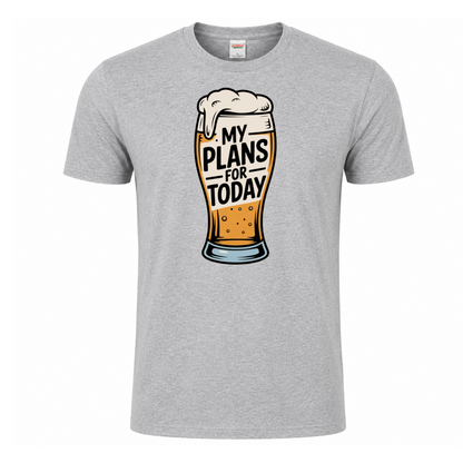 My Plans for Today funny graphic T-shirt featuring an illustrated foamy beer glass with bold black lettering reading My Plans for Today - heather grey tshirt