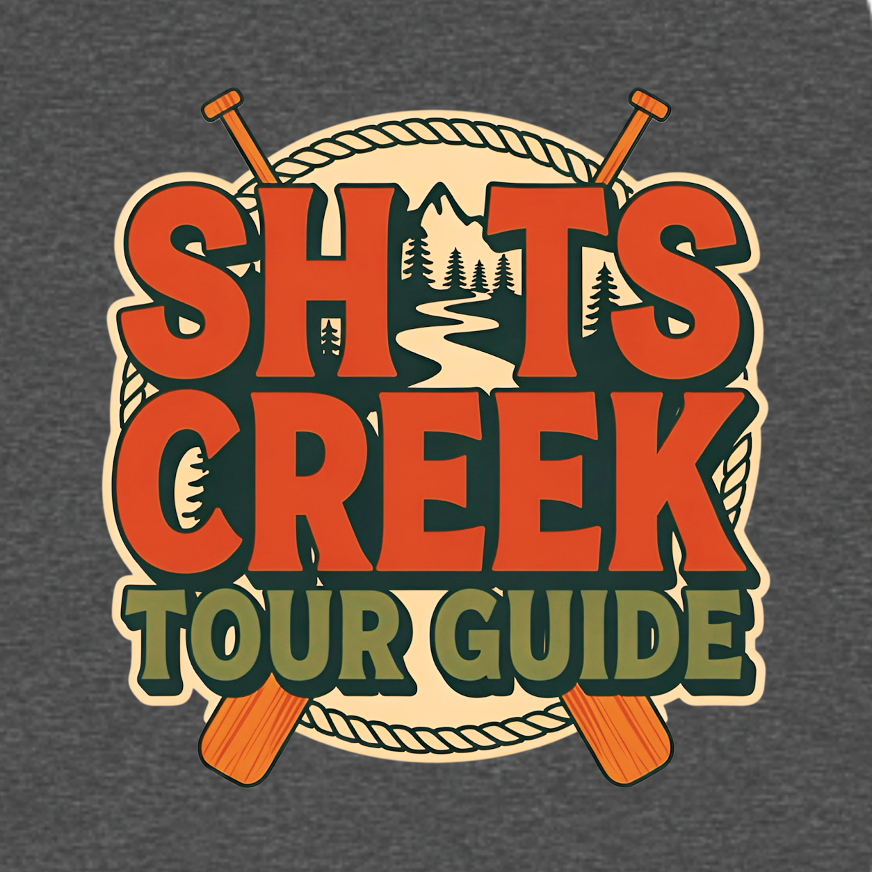 Shits Creek Tour Guide graphic T-shirt featuring bold retro lettering with crossed paddles, rope, mountains, pine trees and a winding creek - charcoal