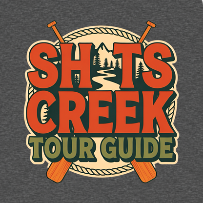 Shits Creek Tour Guide graphic T-shirt featuring bold retro lettering with crossed paddles, rope, mountains, pine trees and a winding creek - charcoal