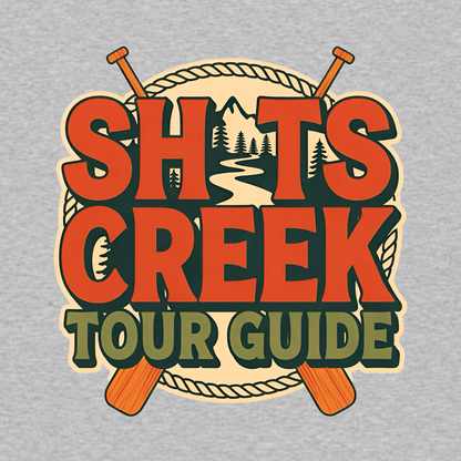 Shits Creek Tour Guide graphic T-shirt featuring bold retro lettering with crossed paddles, rope, mountains, pine trees and a winding creek - Heather grey