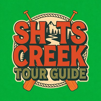 Shits Creek Tour Guide graphic T-shirt featuring bold retro lettering with crossed paddles, rope, mountains, pine trees and a winding creek - Kelly Green