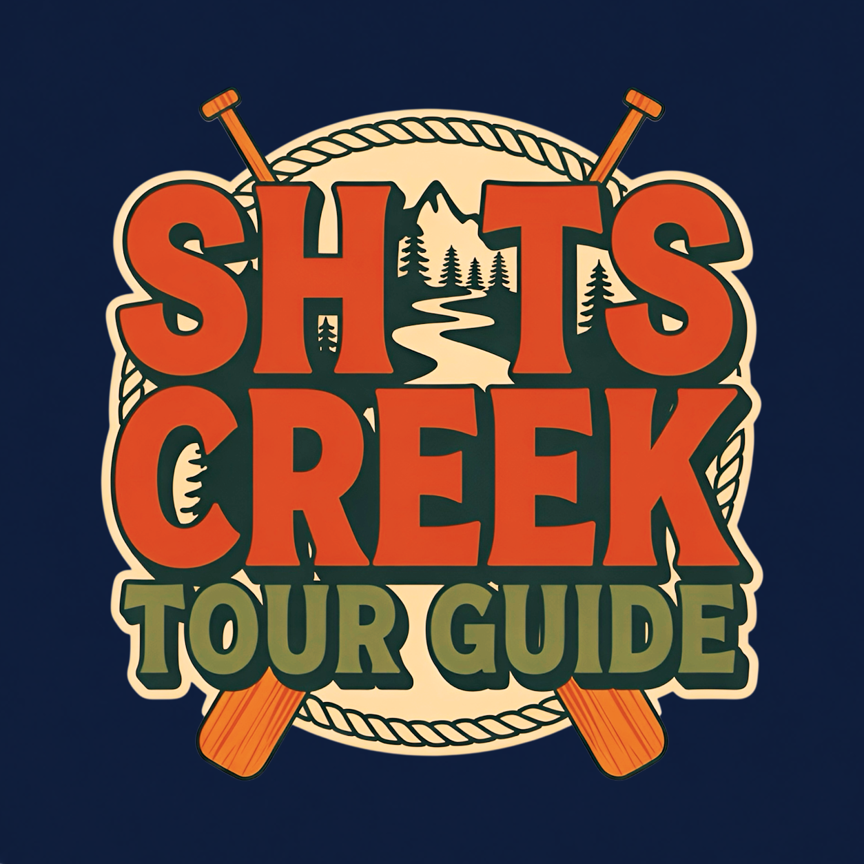 Shits Creek Tour Guide graphic T-shirt featuring bold retro lettering with crossed paddles, rope, mountains, pine trees and a winding creek - navy