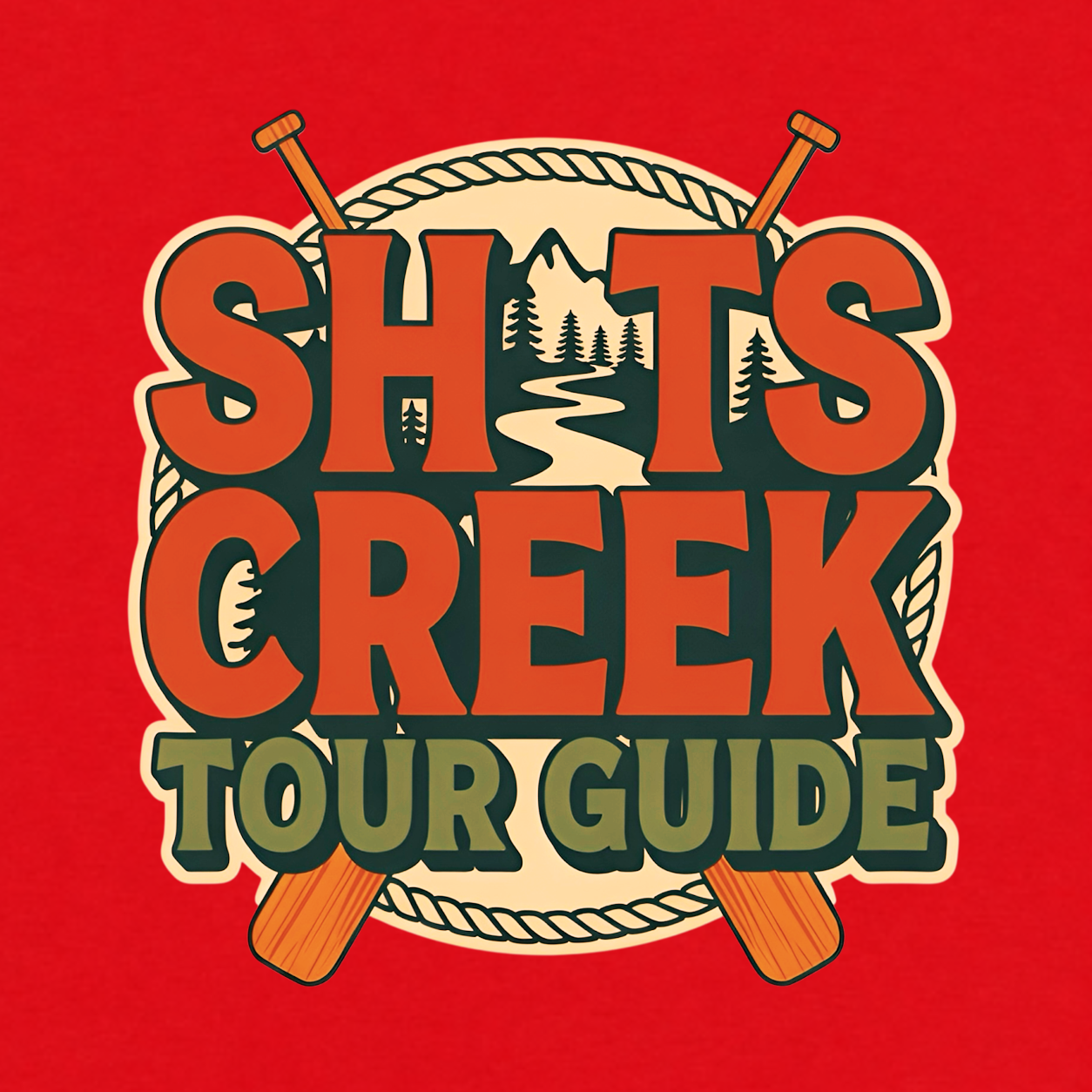 Shits Creek Tour Guide graphic T-shirt featuring bold retro lettering with crossed paddles, rope, mountains, pine trees and a winding creek - red