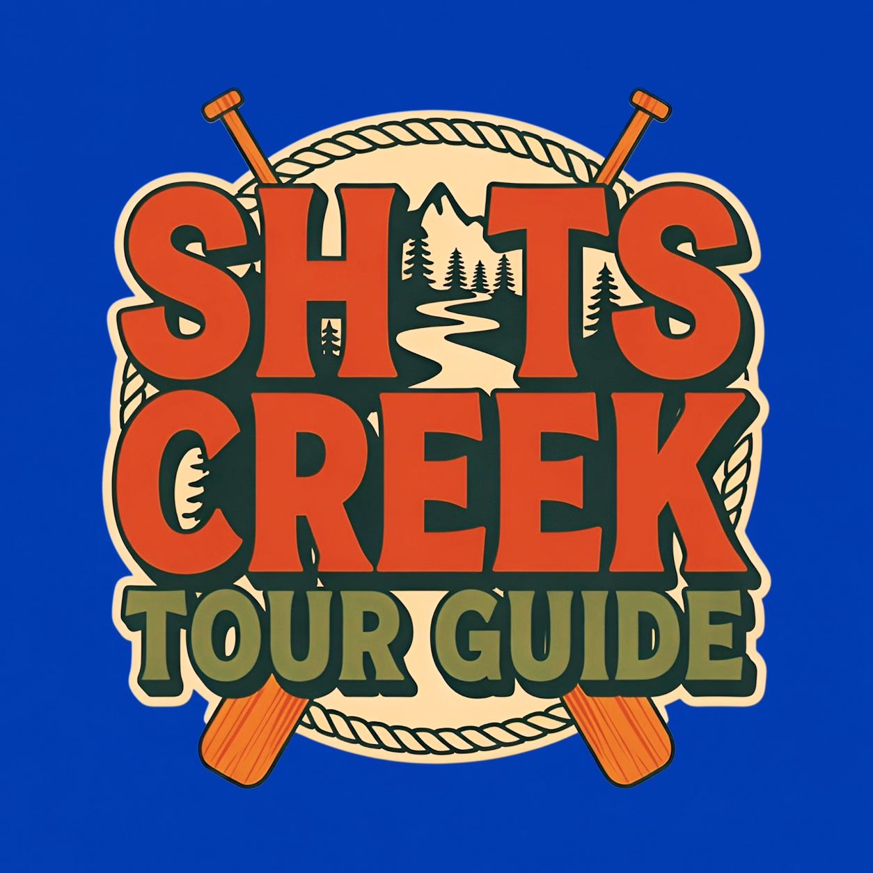Shits Creek Tour Guide graphic T-shirt featuring bold retro lettering with crossed paddles, rope, mountains, pine trees and a winding creek - royal blue