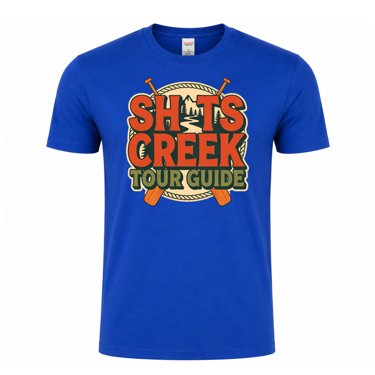 Shits Creek Tour Guide graphic T-shirt featuring bold retro lettering with crossed paddles, rope, mountains, pine trees and a winding creek - Royal blue tshirt