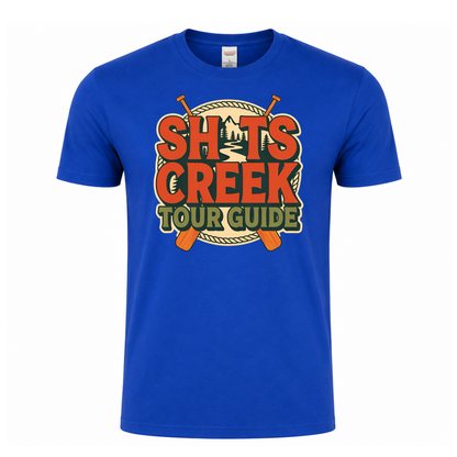 Shits Creek Tour Guide graphic T-shirt featuring bold retro lettering with crossed paddles, rope, mountains, pine trees and a winding creek - Royal blue tshirt