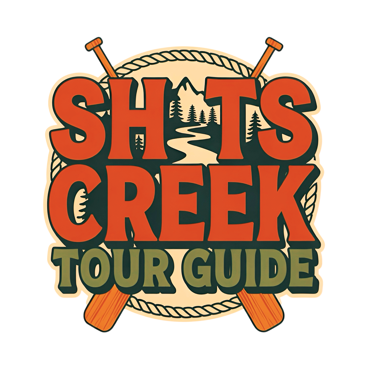 Shits Creek Tour Guide graphic T-shirt featuring bold retro lettering with crossed paddles, rope, mountains, pine trees and a winding creek - white