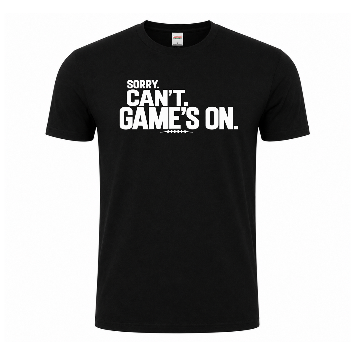 Sorry Can’t Game’s On football T-shirt featuring oversized distressed white lettering and football lace detail – Black tee