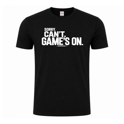 Sorry Can’t Game’s On football T-shirt featuring oversized distressed white lettering and football lace detail – Black tee
