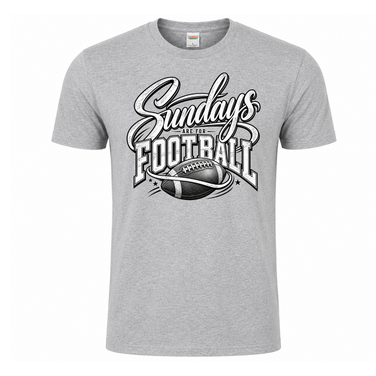Sundays Are for Football T-shirt featuring oversized script lettering, distressed athletic typography and detailed football graphic – Heather Grey Tee